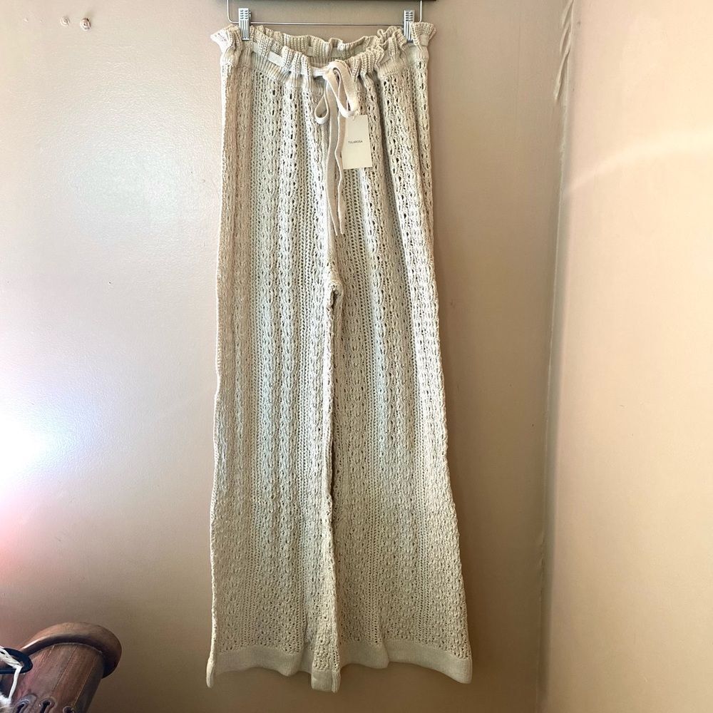 Tularosa Raimonda pants beige crochet knit wide leg bell bottoms flares NWT Sz S - Picture 7 of 13